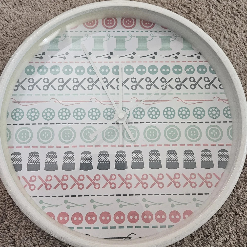 Sewing Theme 10.5" x 10.5" White Blue Pink Battery Round Wall Clock WORKS - Picture 2 of 6